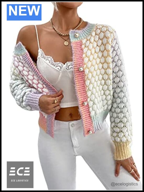 Sweaters - Cropped Button Up Cardigan Tweed Pearl-Button Knit Layering Top